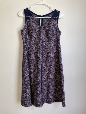 Motherhood Maternity Size Small Navy Lace Overlay Midi Dress with Blush Underlay
